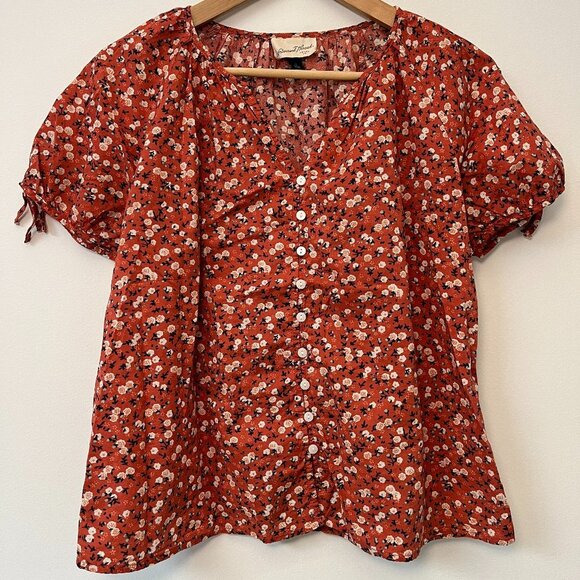 Micro Floral Baby Doll Short Sleeve Orange Shirt - Size Small - Picture 1 of 8